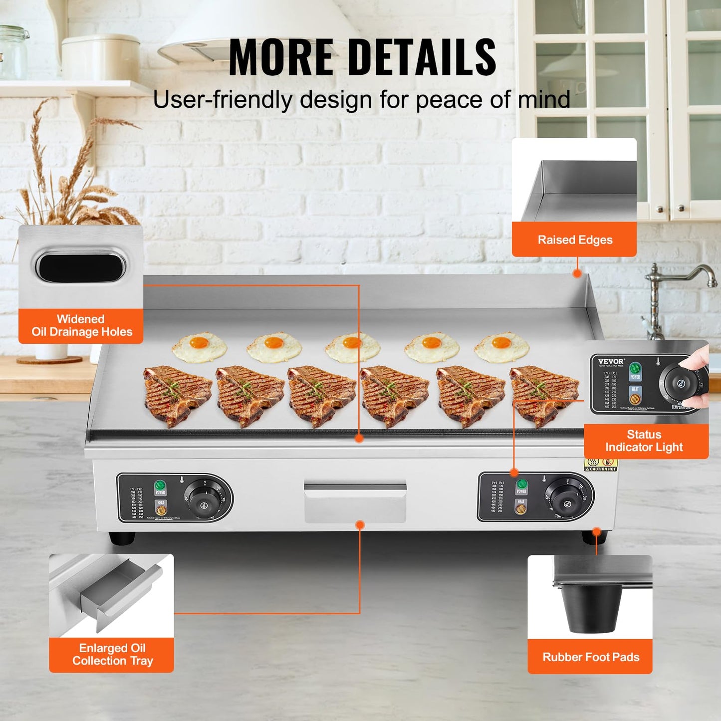 VEVOR Plancha Eléctrica Comercial – Parrilla Plana Superior 4400 W, Temperatura Ajustable 50-300 °C, Acero Inoxidable, Dimensiones 733 x 485 x 215 mm, Incluye 2 Palas y 2 Cepillos – Ideal para Hogar o Restaurante
