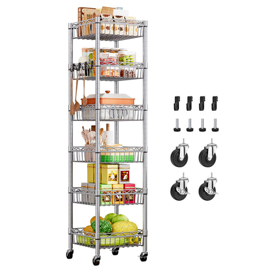 Uptyia Carrito Auxiliar de 6 Niveles con Ruedas,Carrito Auxiliar de Cocina con Cajones,Organizador Multifuncional de Cestas para Frutas y Verduras, para Cocina, Baño y Sala de Estar,Plata,34×34×156cm