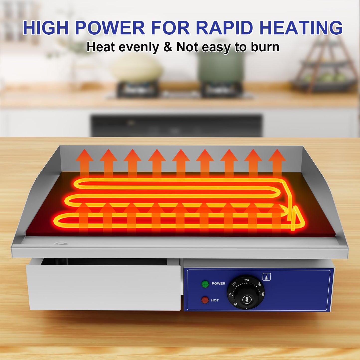 TAIMIKO - Plancha eléctrica profesional de 55 x 35,5 cm, placa de cocción lisa, 2 zonas de cocción 3000 W, plancha comercial para barbacoa de acero inoxidable, parrilla posable con termostato y