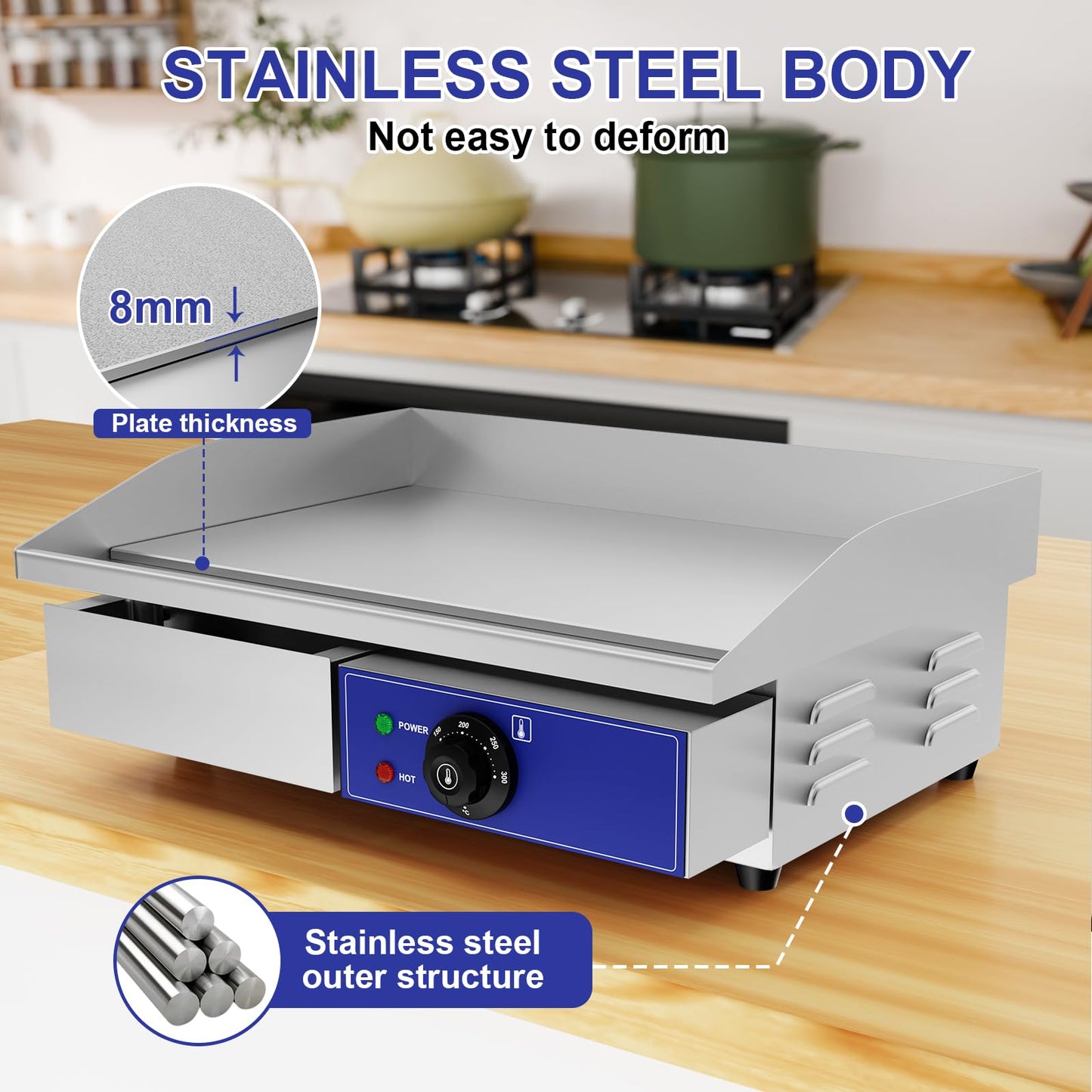 TAIMIKO - Plancha eléctrica profesional de 55 x 35,5 cm, placa de cocción lisa, 2 zonas de cocción 3000 W, plancha comercial para barbacoa de acero inoxidable, parrilla posable con termostato y