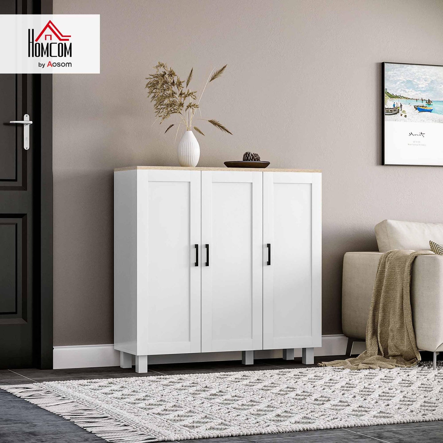 HOMCOM Armario de Salón Moderno Armario de Almacenaje con 3 Puertas Estantes Ajustables y Base Elevada para Cocina Comedor Pasillo Dormitorio Dispositivo Antivuelco 90x30x90 cm Blanco