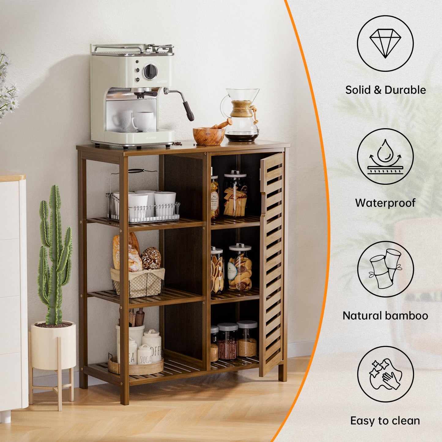 HITNET Armario de Baño de Bambú, Toallero de Baño de Piso Independiente, Organizador de Almacenamiento de Cocina, 1 Puerta y 3 Estantes Abiertos, Nogal