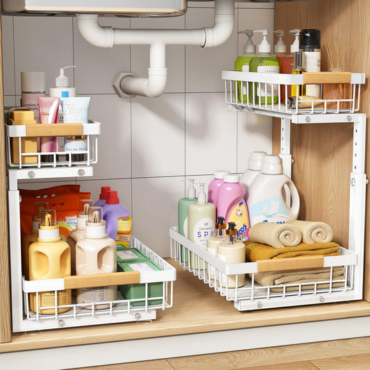 Organizador para debajo del fregadero, 2 organizadores debajo del fregadero y cesta de almacenamiento, estante de metal deslizante de 2 niveles, cajones organizadores para cocina, baño, despensa,