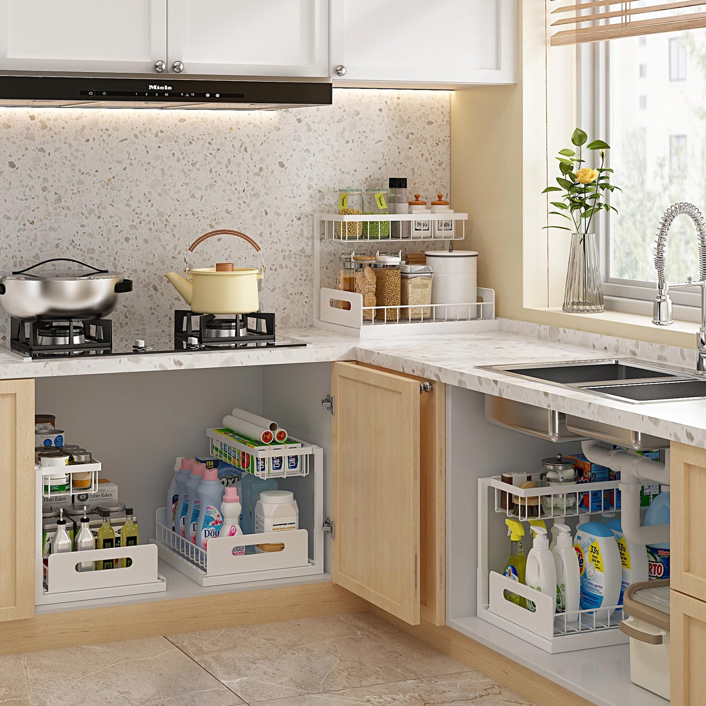 REALINN Organizador para debajo del fregadero, organizador de gabinete extraíble de 2 niveles, estantes de almacenamiento, almacenamiento debajo del fregadero para armario de cocina y baño, blanco,