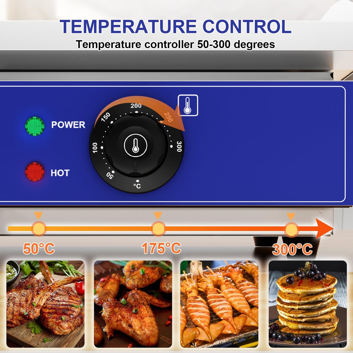 TAIMIKO - Plancha eléctrica profesional de 55 x 35,5 cm, placa de cocción lisa, 2 zonas de cocción 3000 W, plancha comercial para barbacoa de acero inoxidable, parrilla posable con termostato y