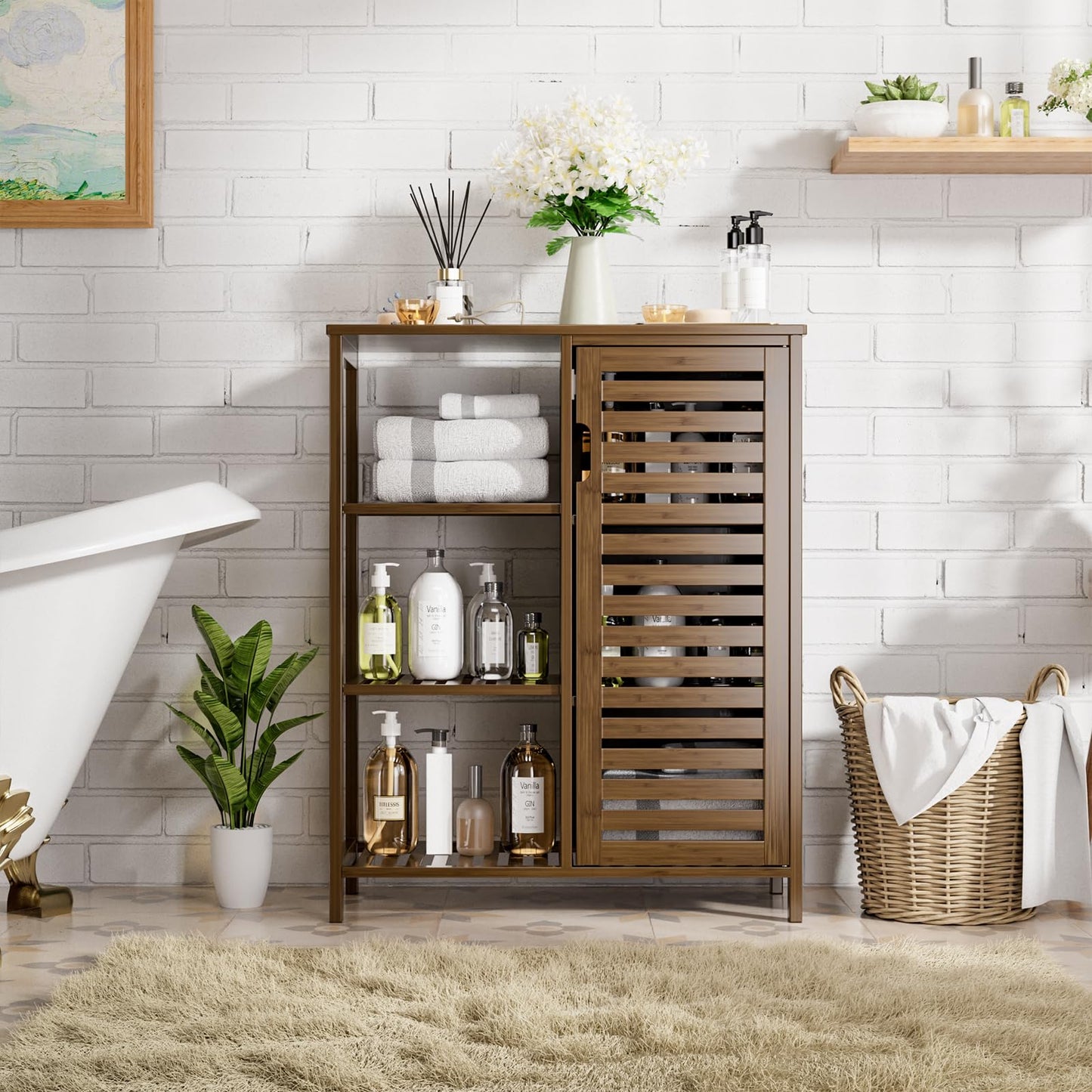 HITNET Armario de Baño de Bambú, Toallero de Baño de Piso Independiente, Organizador de Almacenamiento de Cocina, 1 Puerta y 3 Estantes Abiertos, Nogal