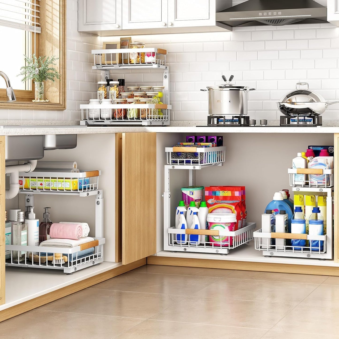 Organizador para debajo del fregadero, 2 organizadores debajo del fregadero y cesta de almacenamiento, estante de metal deslizante de 2 niveles, cajones organizadores para cocina, baño, despensa,