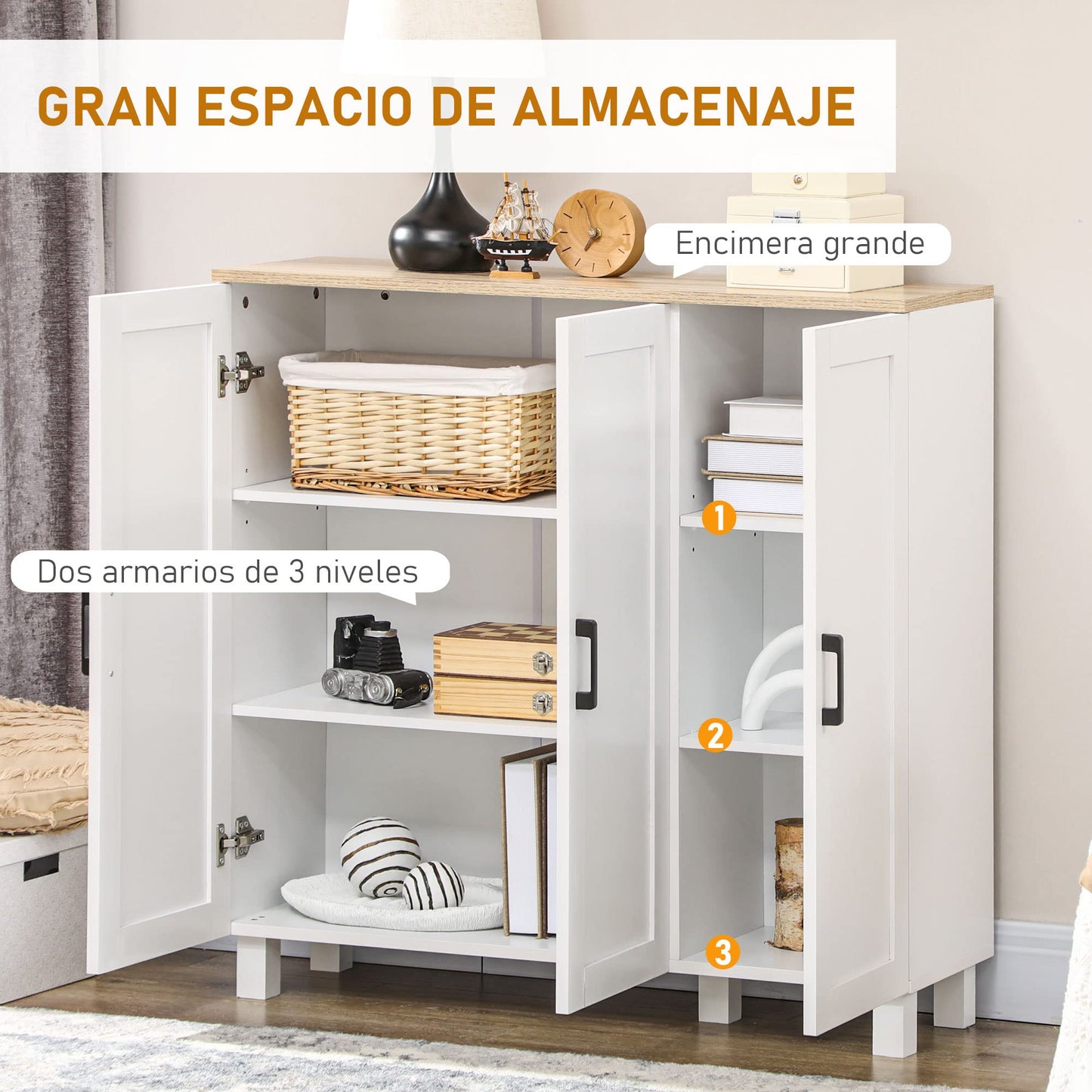 HOMCOM Armario de Salón Moderno Armario de Almacenaje con 3 Puertas Estantes Ajustables y Base Elevada para Cocina Comedor Pasillo Dormitorio Dispositivo Antivuelco 90x30x90 cm Blanco