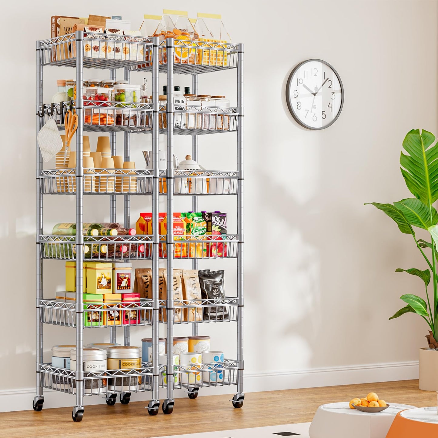 Uptyia Carrito Auxiliar de 6 Niveles con Ruedas,Carrito Auxiliar de Cocina con Cajones,Organizador Multifuncional de Cestas para Frutas y Verduras, para Cocina, Baño y Sala de Estar,Plata,34×34×156cm